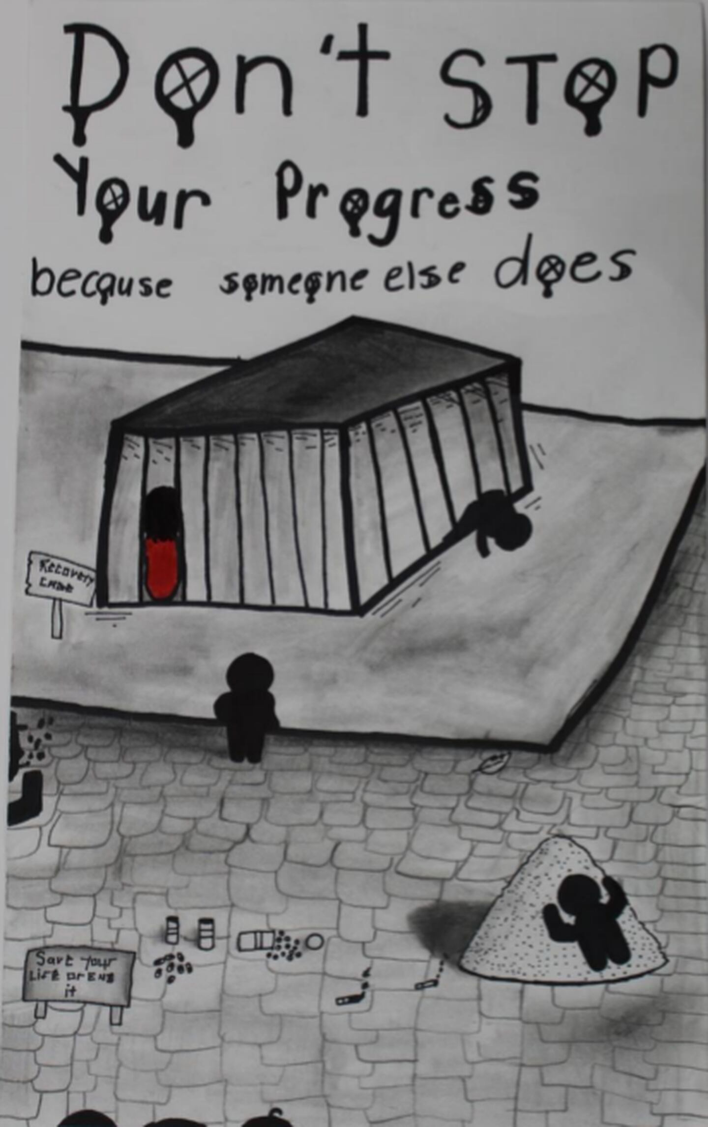 Small silhouettes stand around a building labelled "Recovery Cage." Another sign reads "Save your life or end it."