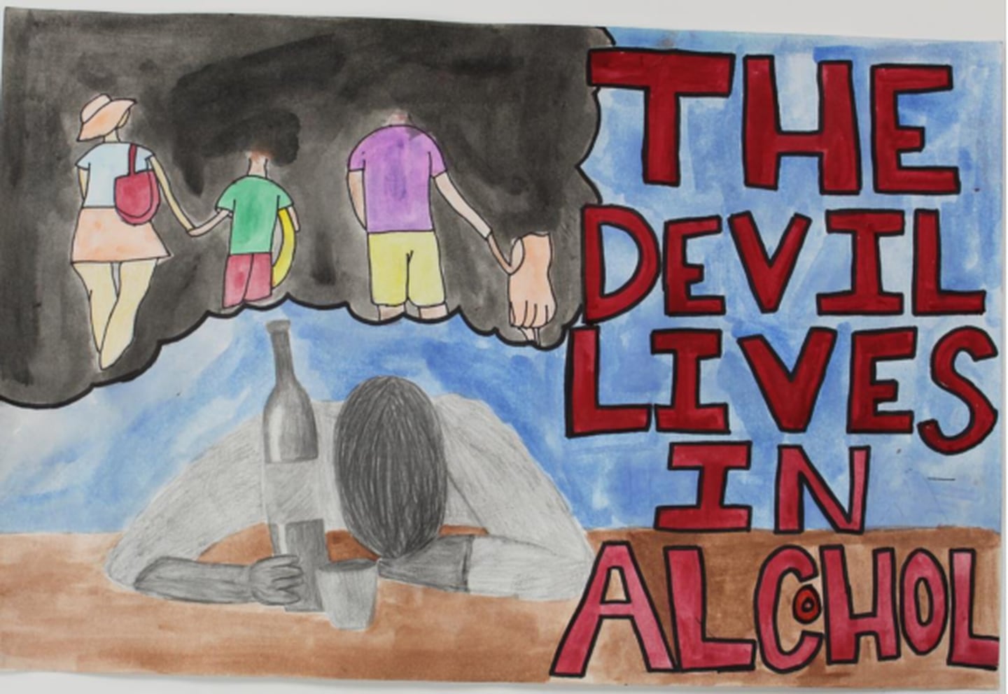 An person leans onto a table with a bottle of alcohol in one hand. A thought bubble portrays two adults and two children, three of whom have their faces blacked out. "The Devil Lives in Alcohol" is written beside them.